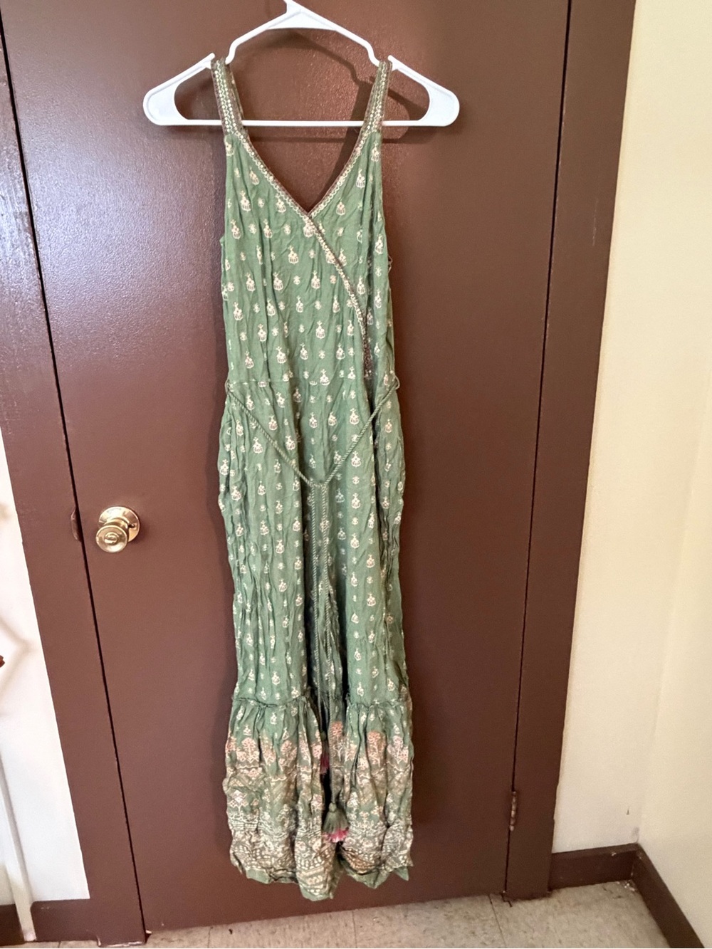 Global Desi Olive Green Embroidered V-Neck Jumpsuit NWOT